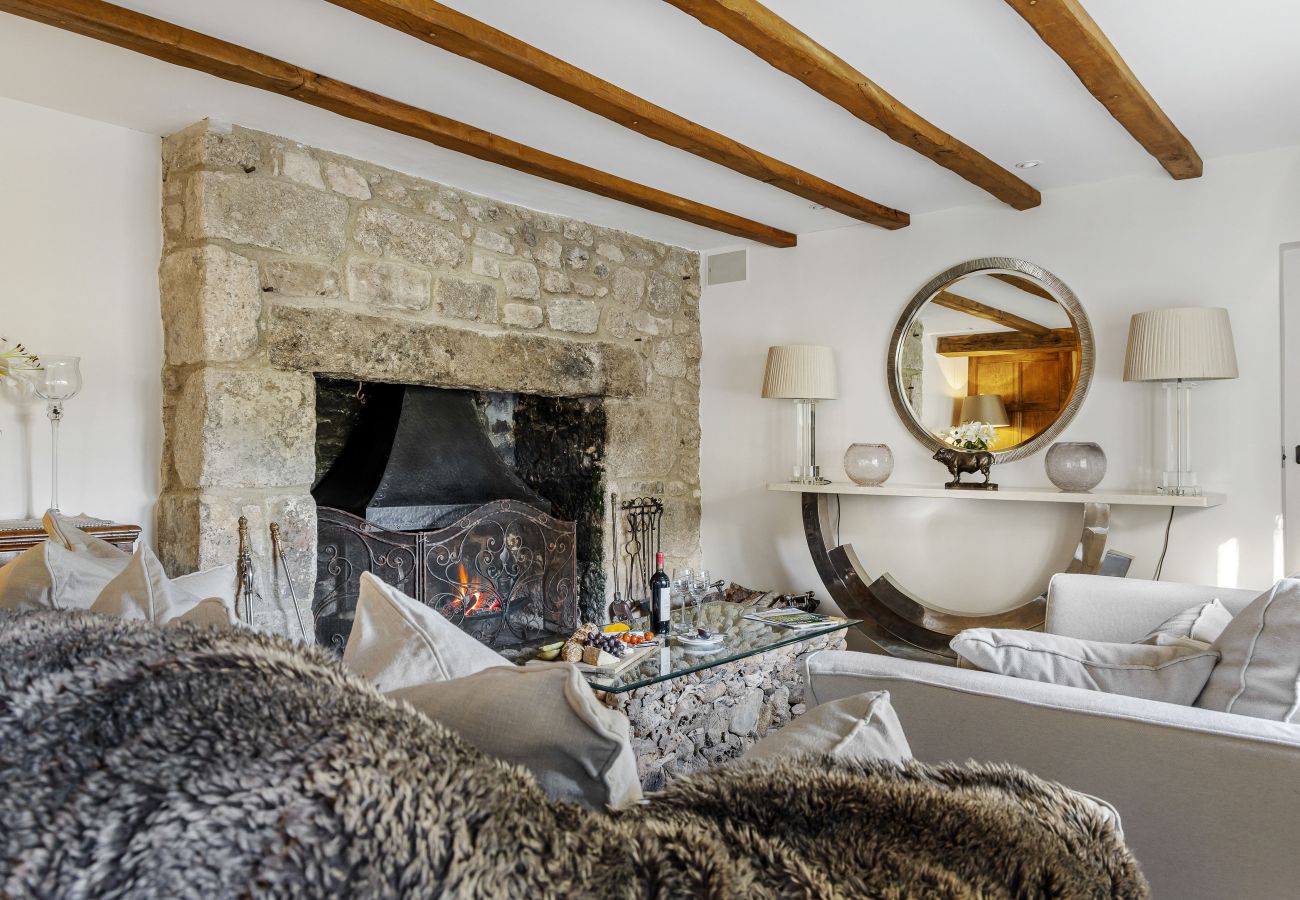 Living room featuring stone fireplace and sofas