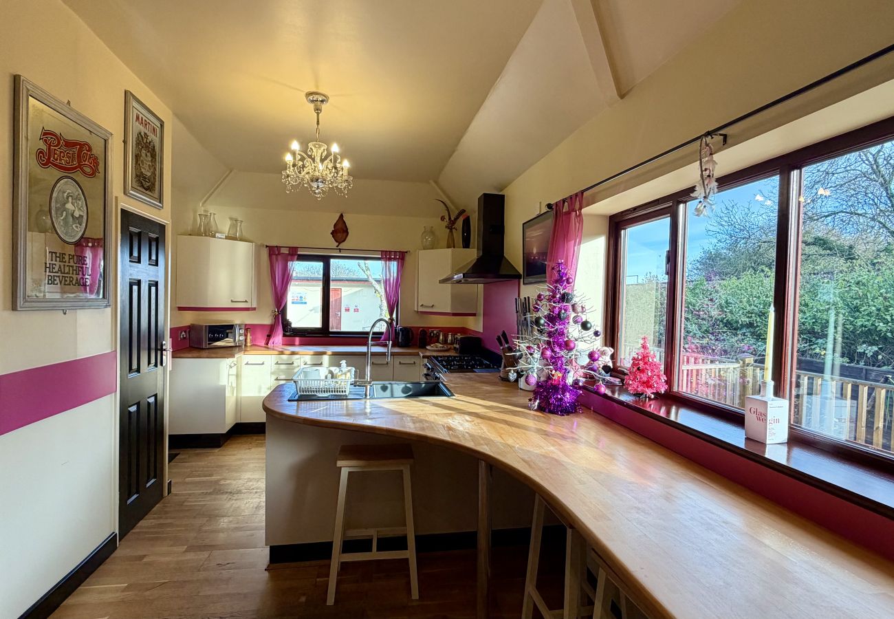 Bright kitchen with large windows and garden views at Pheasants Haunt holiday home in Paignton